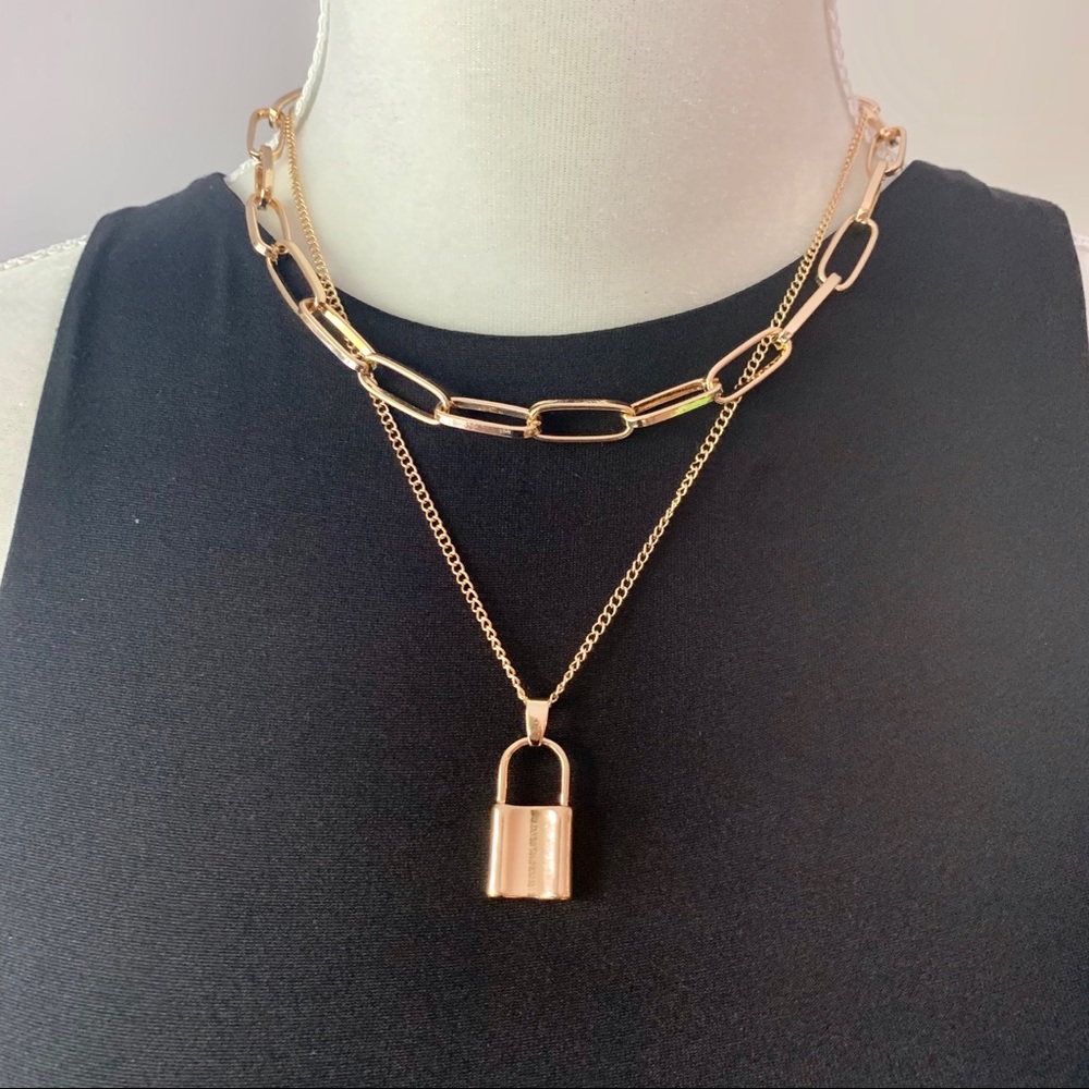Double Chain Exaggerated Gold Color Lock Necklace
